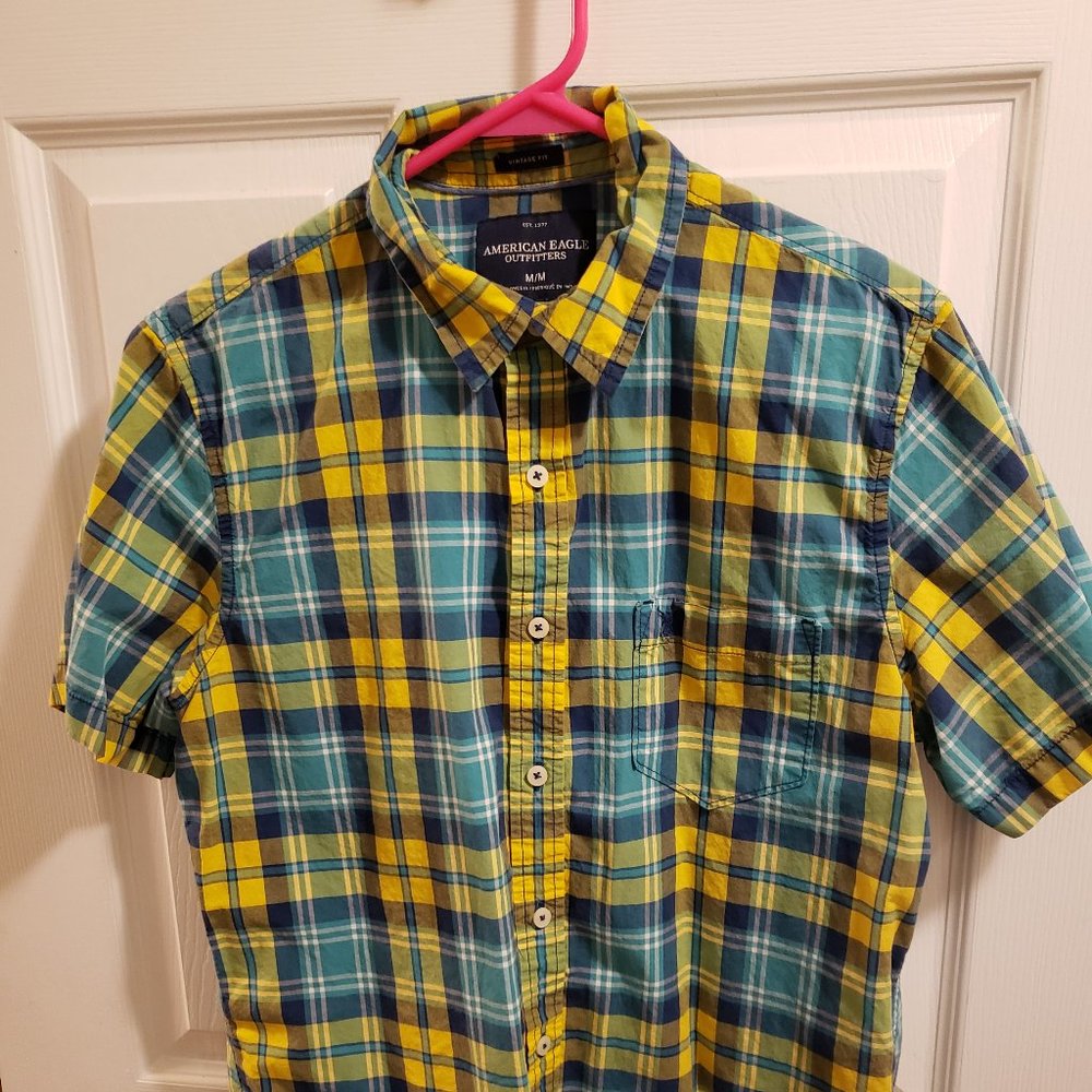 American Eagle Blue/Yellow Plaid Short-sleeved Button-down, size M